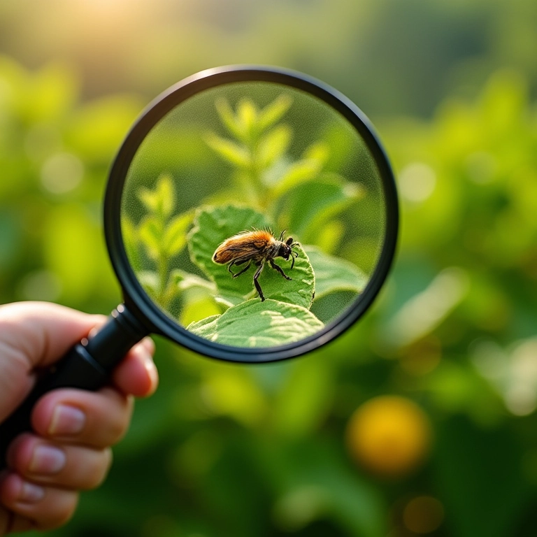 Inspecionando erva cidreira com lupa em busca de pragas.