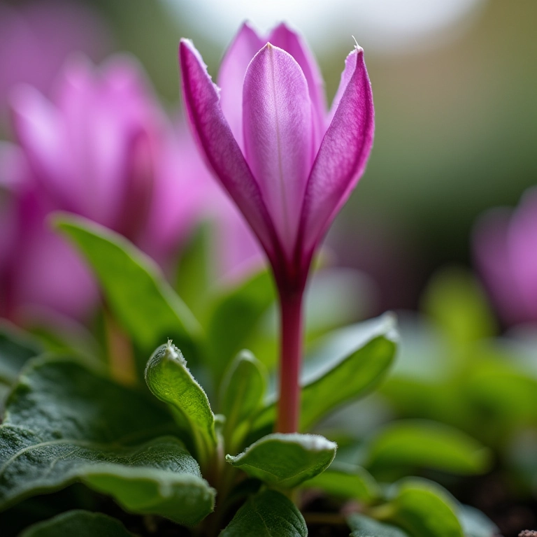 Inspecionando um ciclame para identificar pragas e doenças.