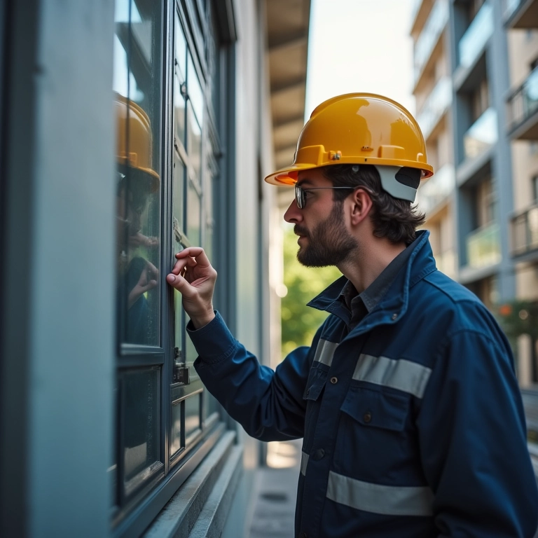 Inspetor examinando fachada para diagnosticar problemas.