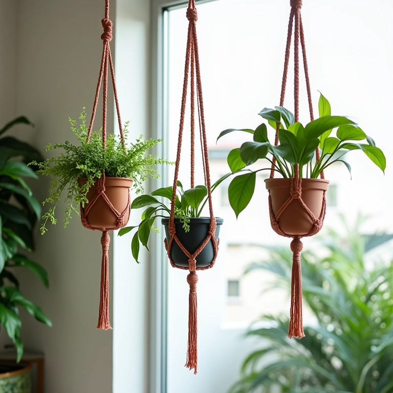 Inspirações de macramê para plantas com diferentes designs.