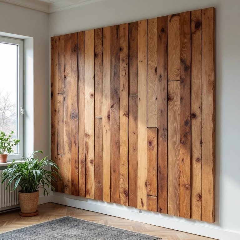 Instalação criativa com ripas de madeira de demolição na parede.