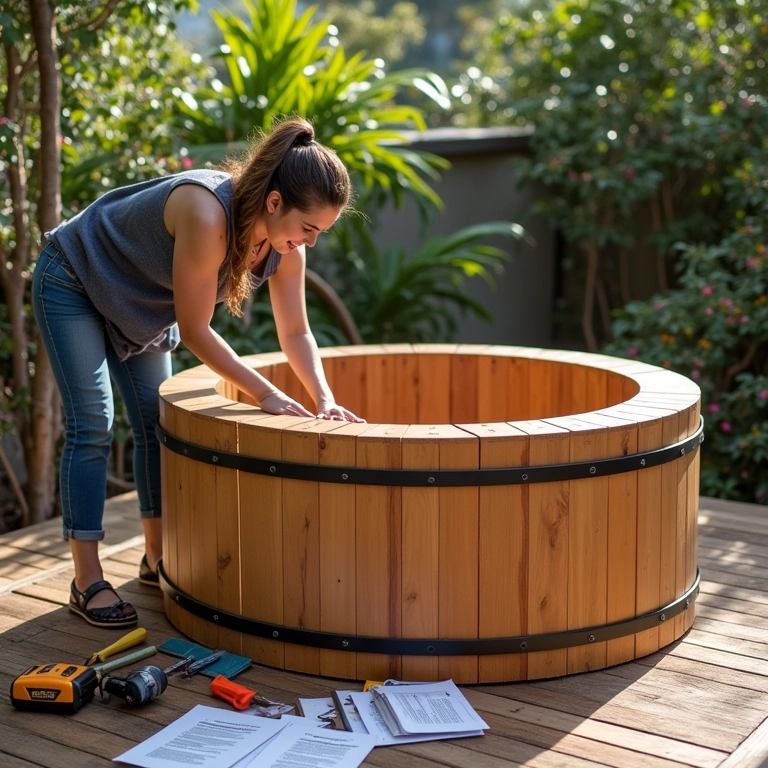Instalação de ofurô de madeira em deck de casa brasileira.
