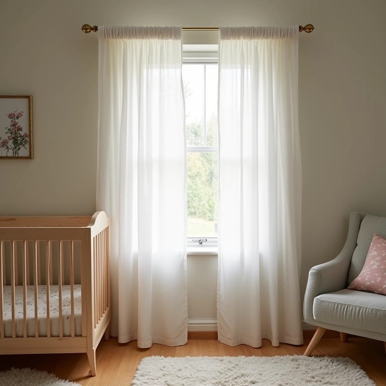 Instalação segura de cortinas no quarto do bebê, evitando quedas.