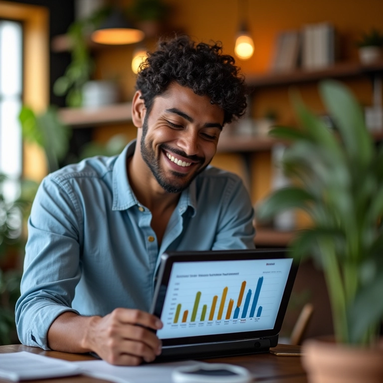 Instrutor de música analisando faturamento anual no tablet.