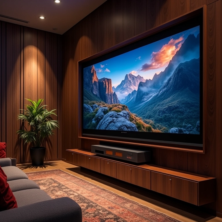 Integração com streaming e automação residencial em sala de cinema.