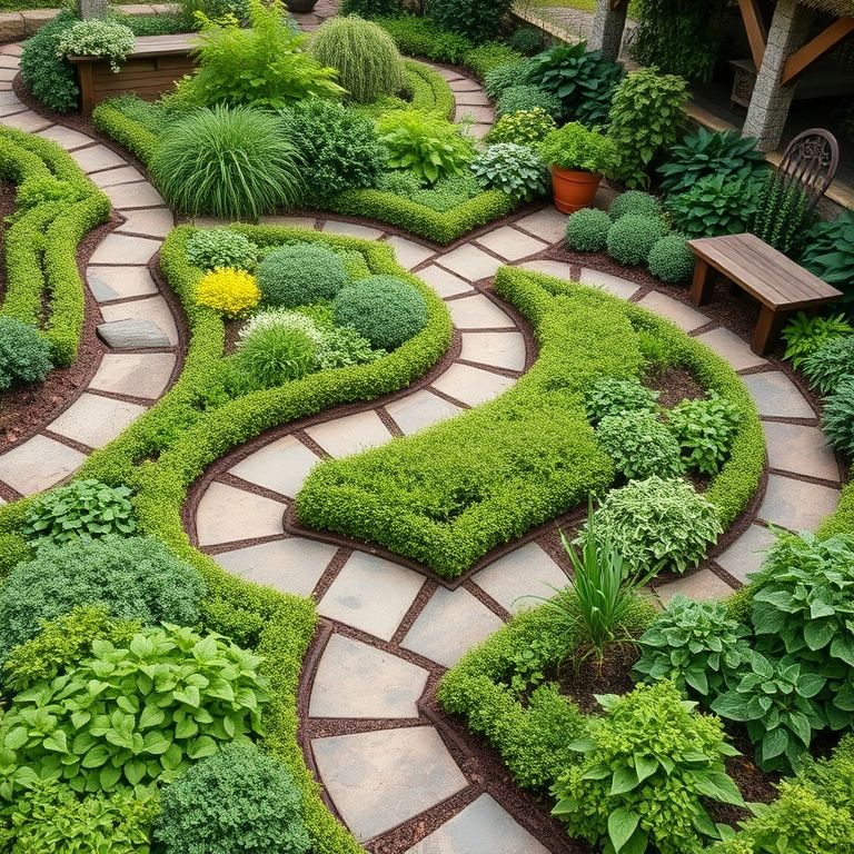 Integração da horta em zigue-zague com jardim.