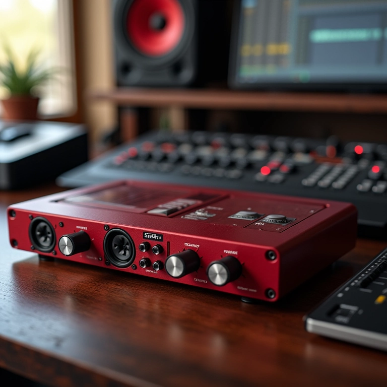 Interface de áudio Focusrite Scarlett em mesa de estúdio.