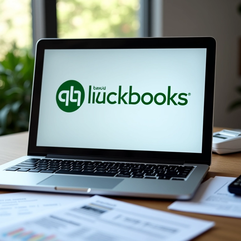 Interface do QuickBooks em tela de laptop em ambiente de trabalho.
