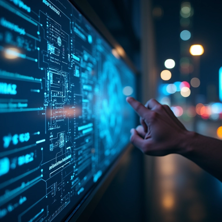 Interface tecnológica mostrando o acesso a novas tecnologias e talentos.