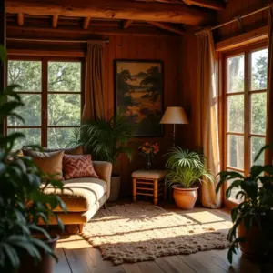 Interior acolhedor de uma cabana na floresta com iluminação quente e decoração rústica.
