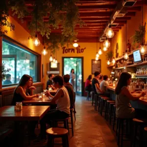 Interior animado de uma choperia brasileira com pessoas aproveitando bebidas.