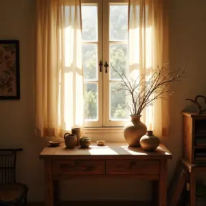 Interior com elementos wabi-sabi: cerâmica rústica, mesa de madeira antiga e luz solar suave.