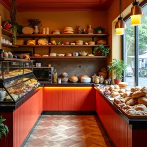 Interior convidativo de uma delicatessen com produtos artesanais e iluminação natural.