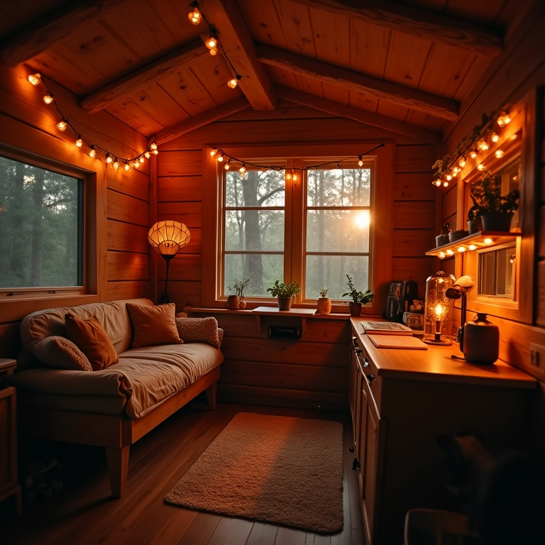 Interior de cabana com iluminação aconchegante de luzes e luminárias.