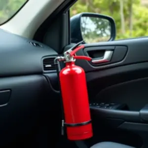 Extintor de Incêndio Para Carros: É Obrigatório? Qual Usar Interior de carro com extintor de incêndio fixado, foco na segurança.