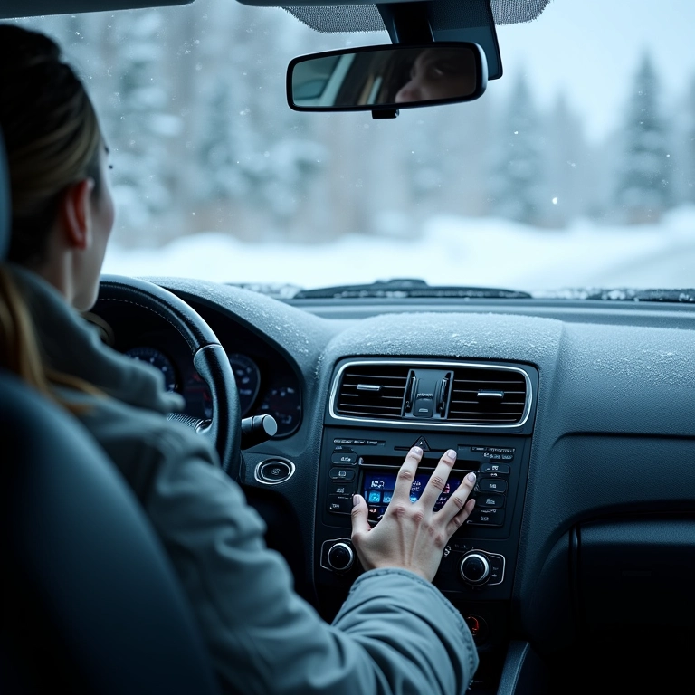 Interior de carro congelante com motorista tremendo de frio.