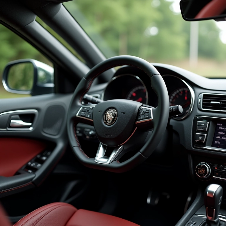 Interior de carro personalizado com volante esportivo e detalhes inspirados no estilo Farm Rio.