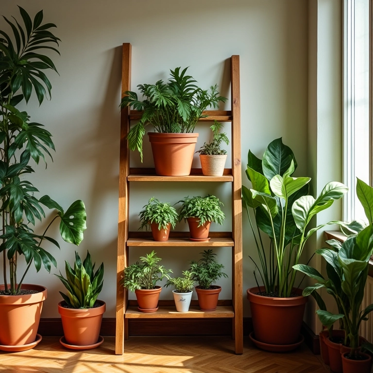 Interior de casa charmosa com escada de madeira usada como suporte para plantas, criando uma composição charmosa.
