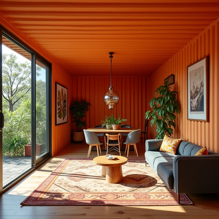Interior de casa container com design personalizado e cores vibrantes.
