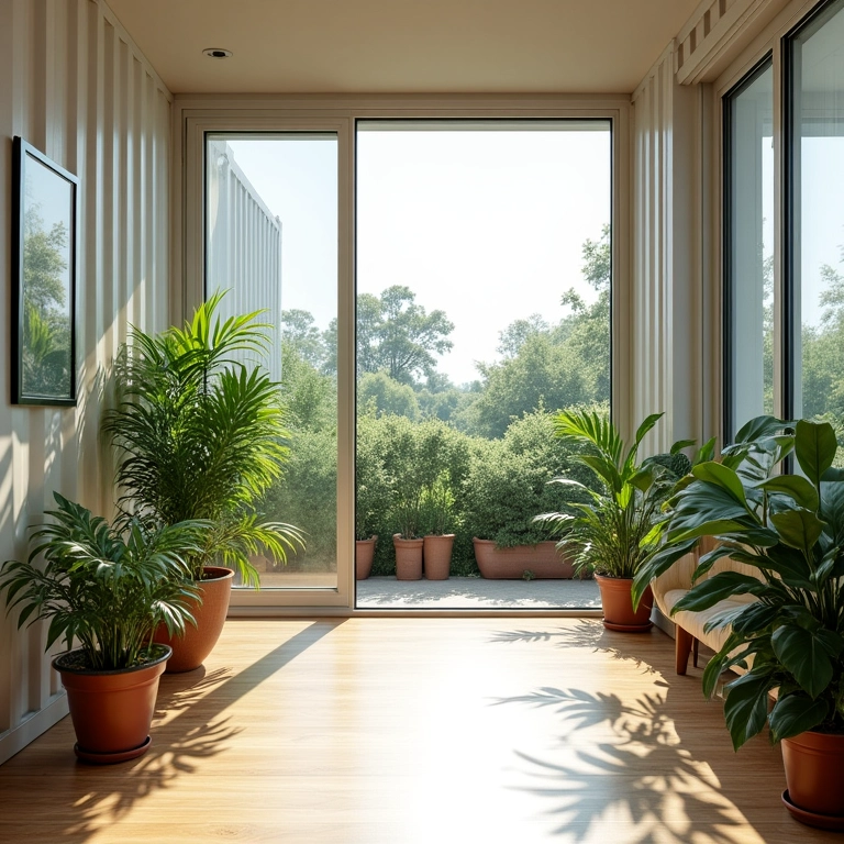 Interior de casa container com grandes janelas e iluminação natural.