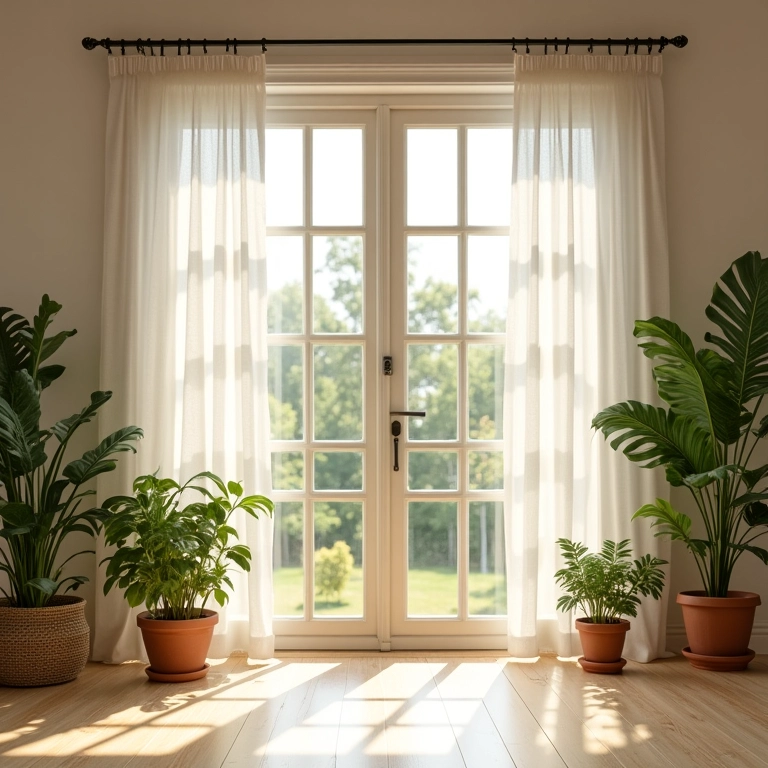 Interior de casa de campo com amplas janelas e iluminação natural abundante.