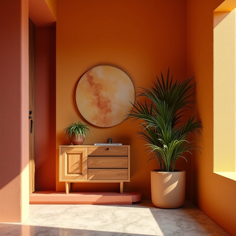 Interior de casa geminada com cores quentes e paredes texturizadas, criando uma atmosfera aconchegante.