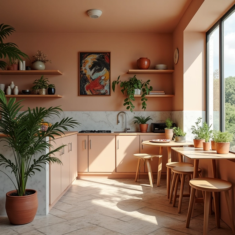 Interior de pastelaria com estilo definido, unindo elementos modernos e tradicionais com toques artísticos brasileiros.