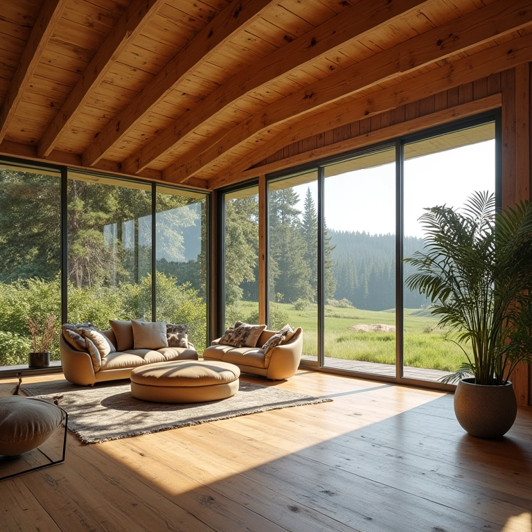 Interior de rancho, janelas grandes, luz natural, conceito aberto, design sustentável.