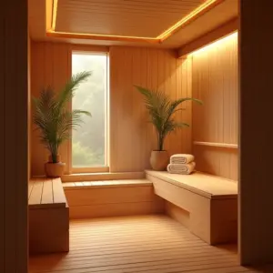 Interior de sauna luxuosa com iluminação natural e bancos de madeira.