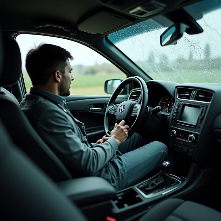 Interior de um carro acidentado com airbags deflagrados. Motorista inclinado para frente, contido pelo cinto de segurança.