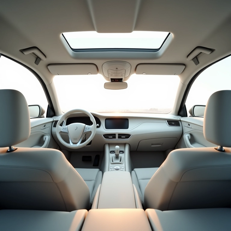 Interior de um carro com design minimalista, sem itens desnecessários e com visual limpo e simples.