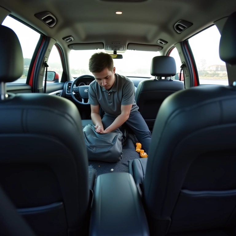 Interior de um carro com o banco traseiro sendo removido, mostrando o processo de alívio de peso.