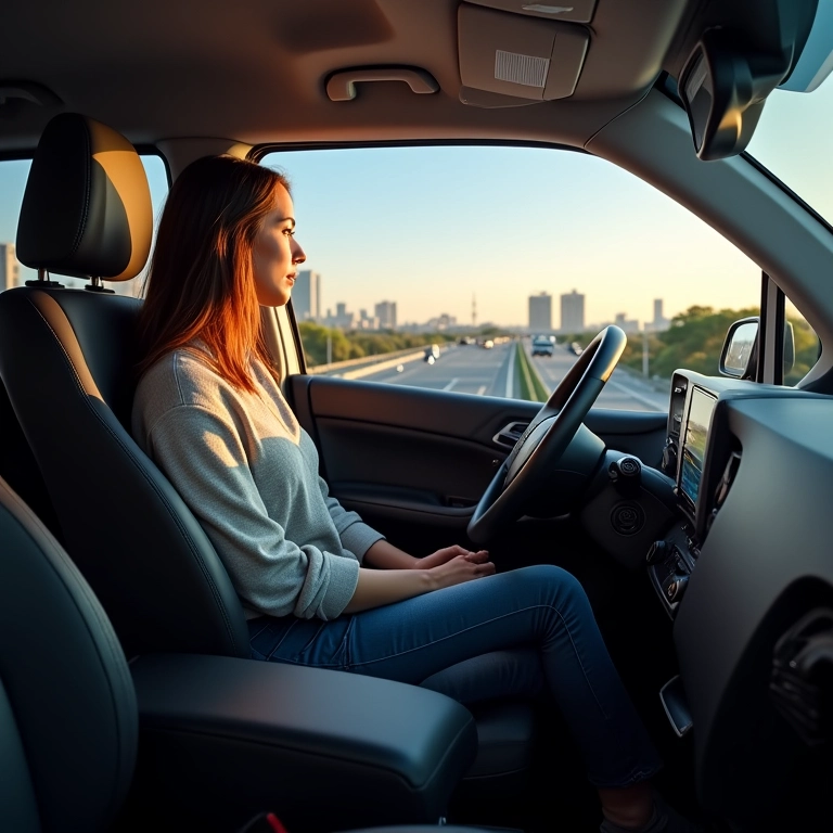 Interior de um Hyundai HB20 com vista para a cidade, passageiro confortável.