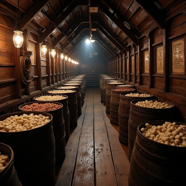 Interior de um navio do século XVI mostrando o armazenamento de alimentos e água.