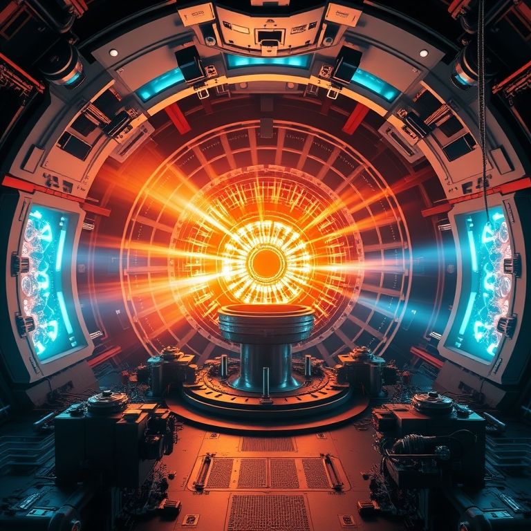 Interior de um reator de fusão mostrando plasma brilhante e energia atômica.