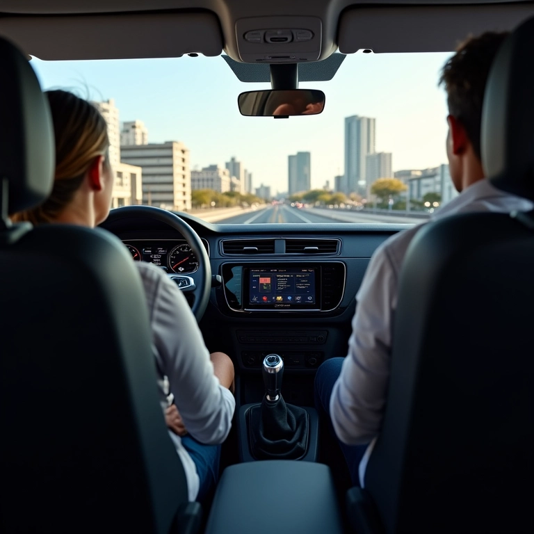 Interior de um Volkswagen Nivus com motorista usando piloto automático.
