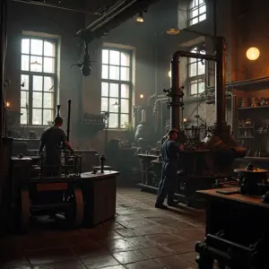 Quando Foi A Invenção Do Motor A Combustão Impulsionando A Revolução Industrial Interior de uma fábrica do século XIX com um motor a vapor impulsionando máquinas.