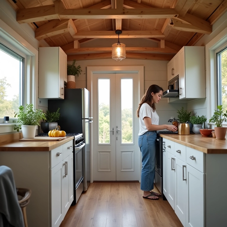 Interior de uma tiny house com design compacto e mulher cozinhando.
