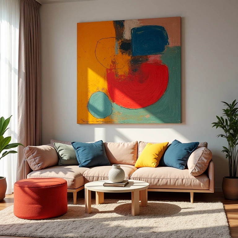 Interior desconstrutivista com objetos de arte abstrata.