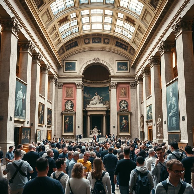 Interior dos Museus Vaticanos com obras de arte e turistas.