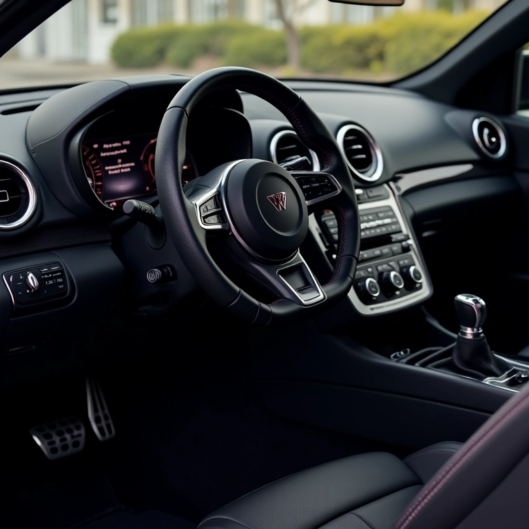 Interior elegante de carro com upgrade para volante esportivo, valorizando o veículo.
