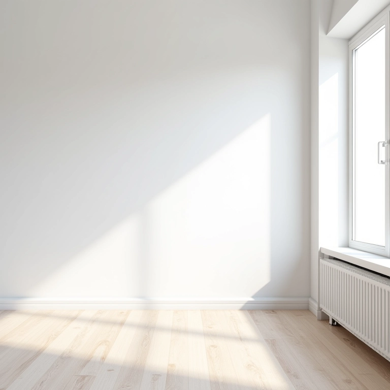 Interior escandinavo com paredes brancas e piso de madeira clara.