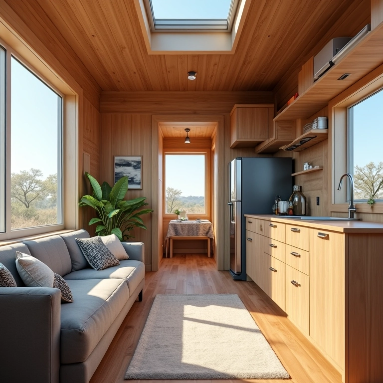 Interior luxuoso de uma tiny house com acabamentos de alta qualidade.