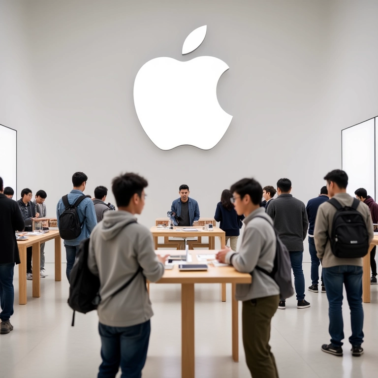 Interior minimalista de uma loja da Apple.