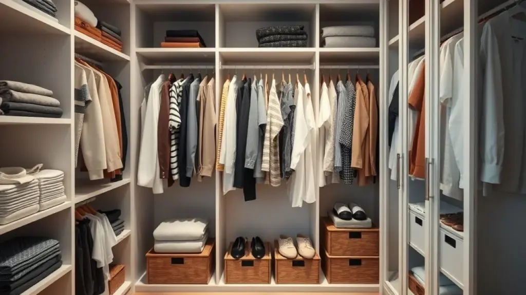 Interior of a beautifully organized wardrobe with clothes neatly folded and hung, accessories Guarda-roupa organizado com roupas dobradas e acessórios em caixas. Facilite sua vida!
