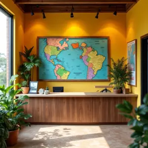 Interior vibrante de agência de viagens com decoração brasileira.