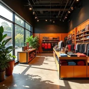 Interior vibrante de loja de artigos esportivos com design brasileiro.