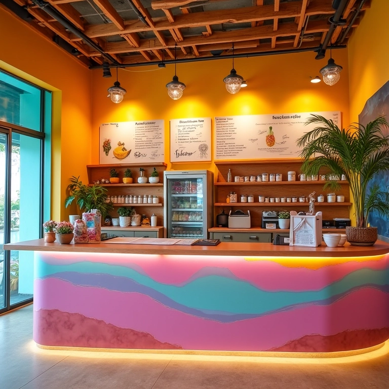 Interior vibrante de sorveteria com decoração colorida e atmosfera convidativa.