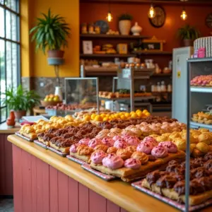 Interior vibrante de uma pastelaria decorada com cores alegres e iluminação natural, oferecendo um ambiente acolhedor e convidativo.