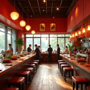 Interior vibrante de uma temakeria moderna com decoração japonesa.